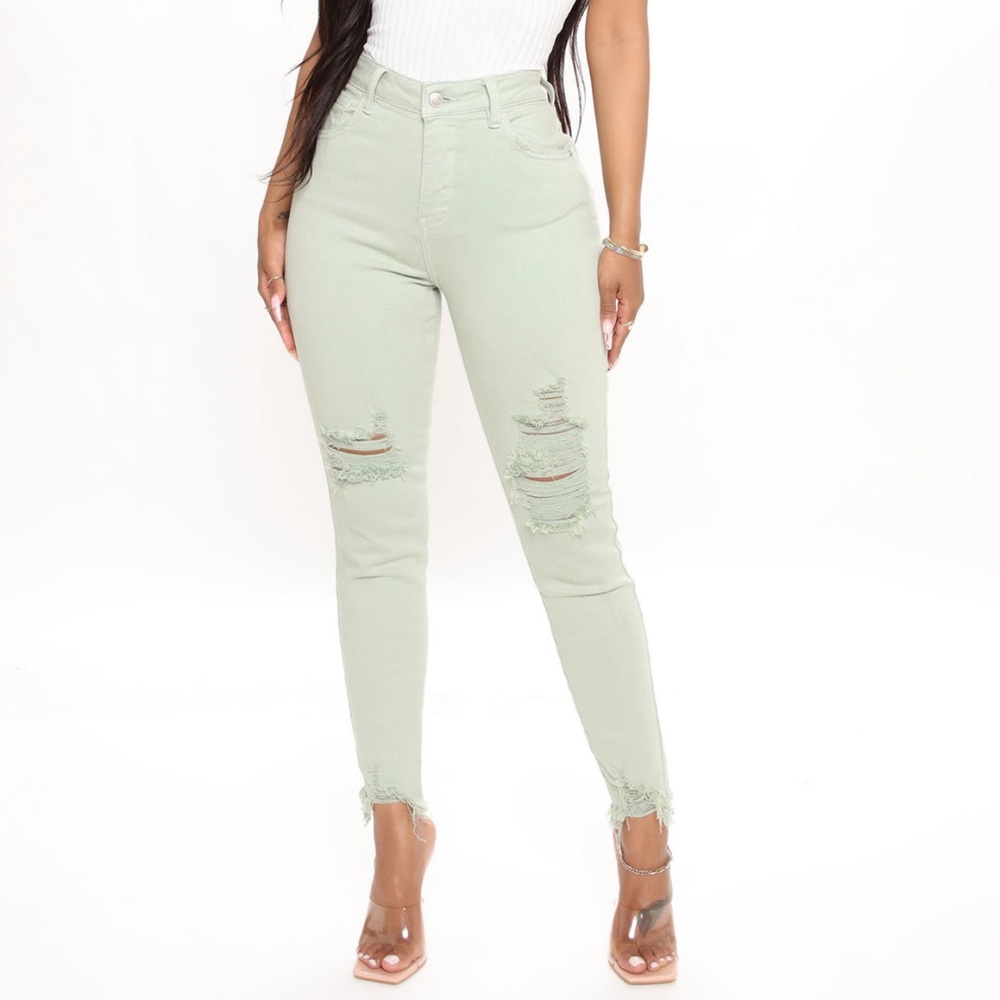 Feel My Vibe Ripped Skinny Jeans Sage
